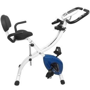 Dolphy Folding Stationary Exercise Bike with 8-levels Magnetic Resistance, Indoor Upright Foldable Cycling Bike with Back and Arm Rests, Resistance bands and LCD Monitor for Home Workout -Blue